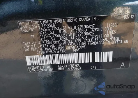 2012 Toyota Rav4 from USA, damaged, VIN 2T3BF4DV5CW191306
